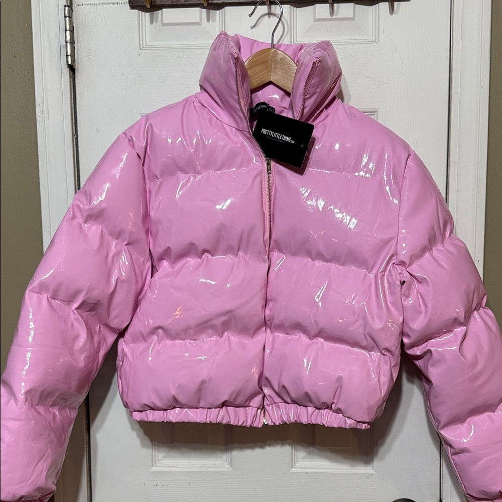 NWT PrettyLittleThing Pink Vinyl Puffer Size 8